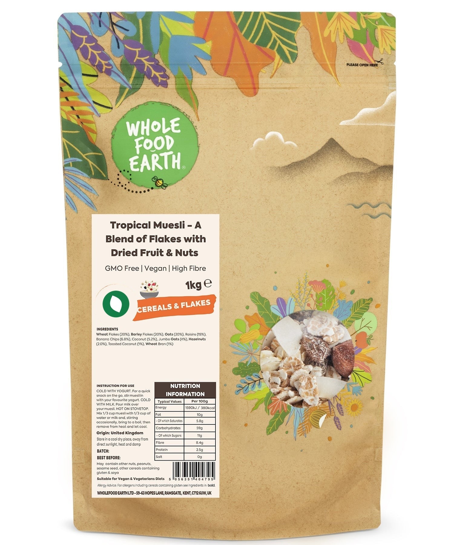 Whole Food Earth Tropical Muesli cereal with flakes, dried fruit, and nuts in a bowl, showcasing a healthy, vegan breakfast option.