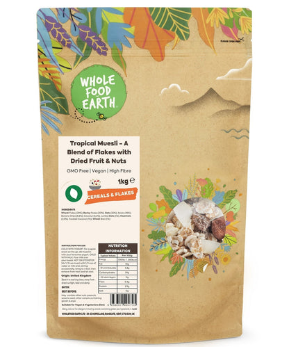 Whole Food Earth Tropical Muesli cereal with flakes, dried fruit, and nuts in a bowl, showcasing a healthy, vegan breakfast option.