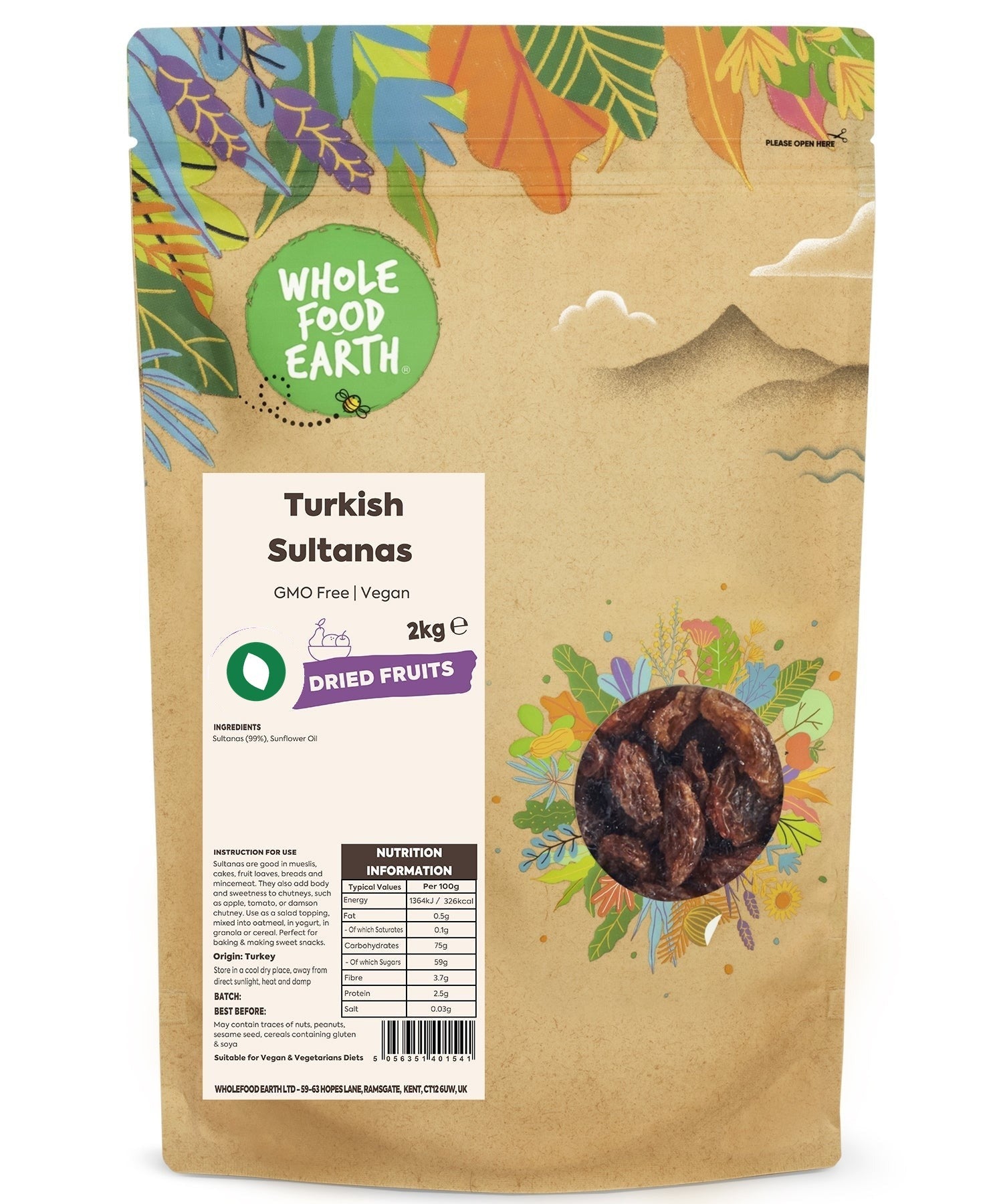 Dried Turkish Sultanas from Whole Food Earth, GMO-free vegan dried fruits with plump, golden raisins on a white background.