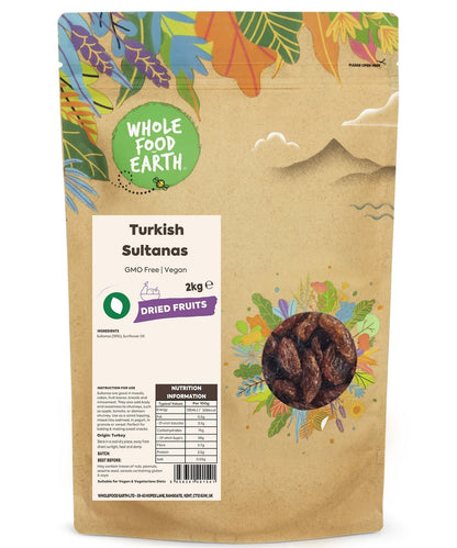 Dried Turkish Sultanas from Whole Food Earth, GMO-free and vegan, showing plump, golden raisins in a close-up view.
