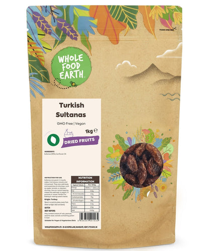 A bowl of Whole Food Earth Turkish Sultanas, GMO-free vegan dried fruits with golden, plump sultanas on a white background.