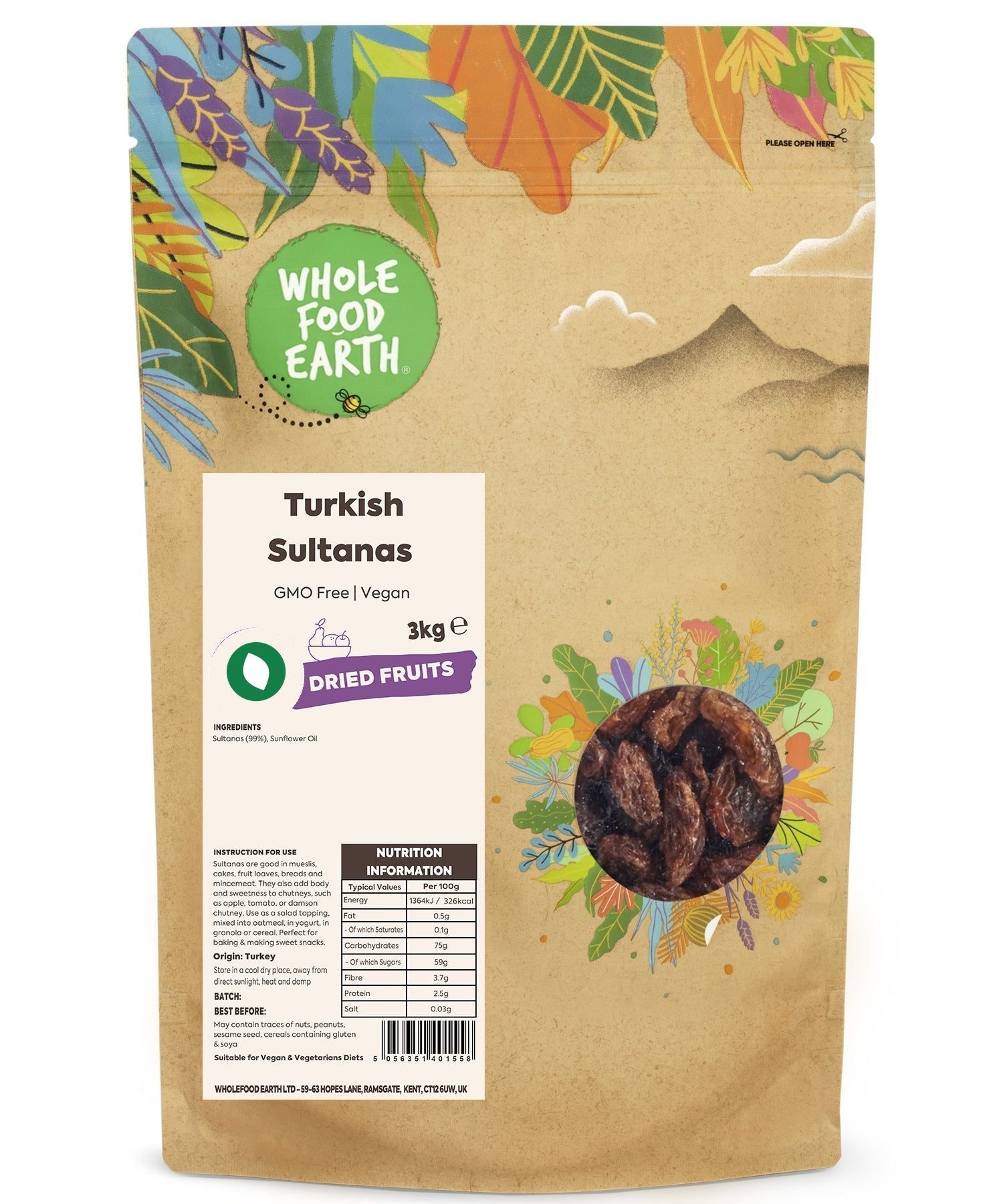 Whole Food Earth Turkish Sultanas, GMO-free vegan dried fruits in a bowl, showcasing their plump, golden appearance.