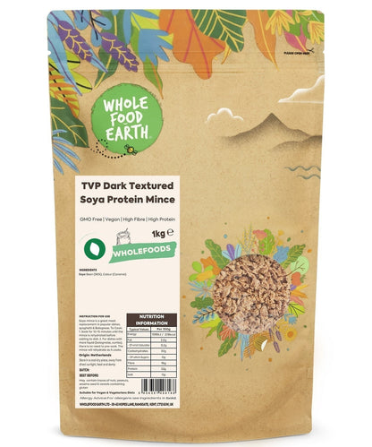 Dark textured soya protein mince from Whole Food Earth, soy-based beans and pulses product, in a clear package.