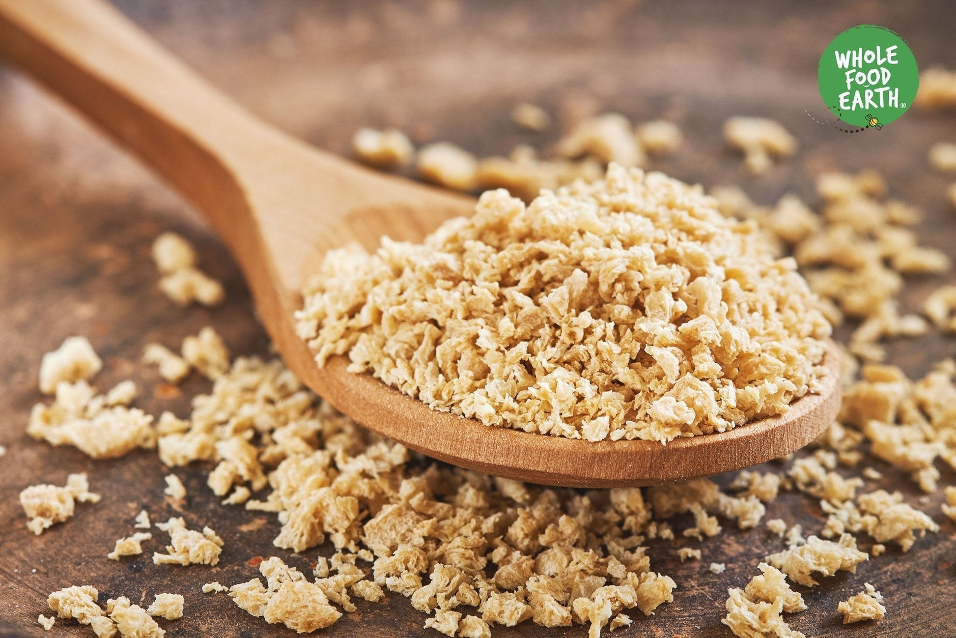 Dark textured soya protein mince from Whole Food Earth, GMO-free vegan beans and pulses product with a textured appearance.