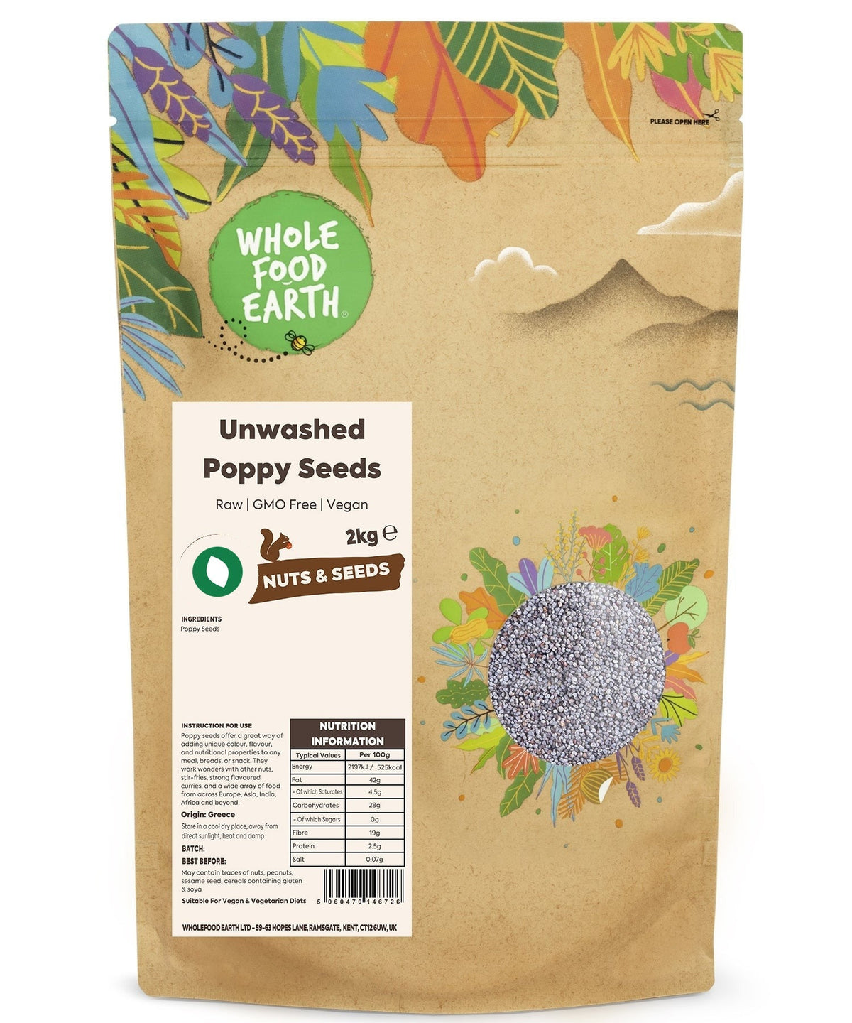 Unwashed Whole Food Earth poppy seeds in a clear jar, showing small, dark, raw seeds suitable for baking and garnishing.