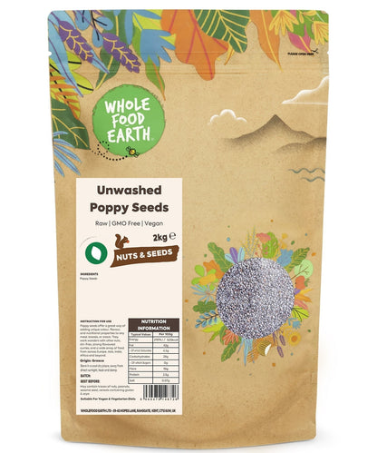 Unwashed Whole Food Earth poppy seeds in a clear jar, showing small, dark, raw seeds suitable for baking and garnishing.