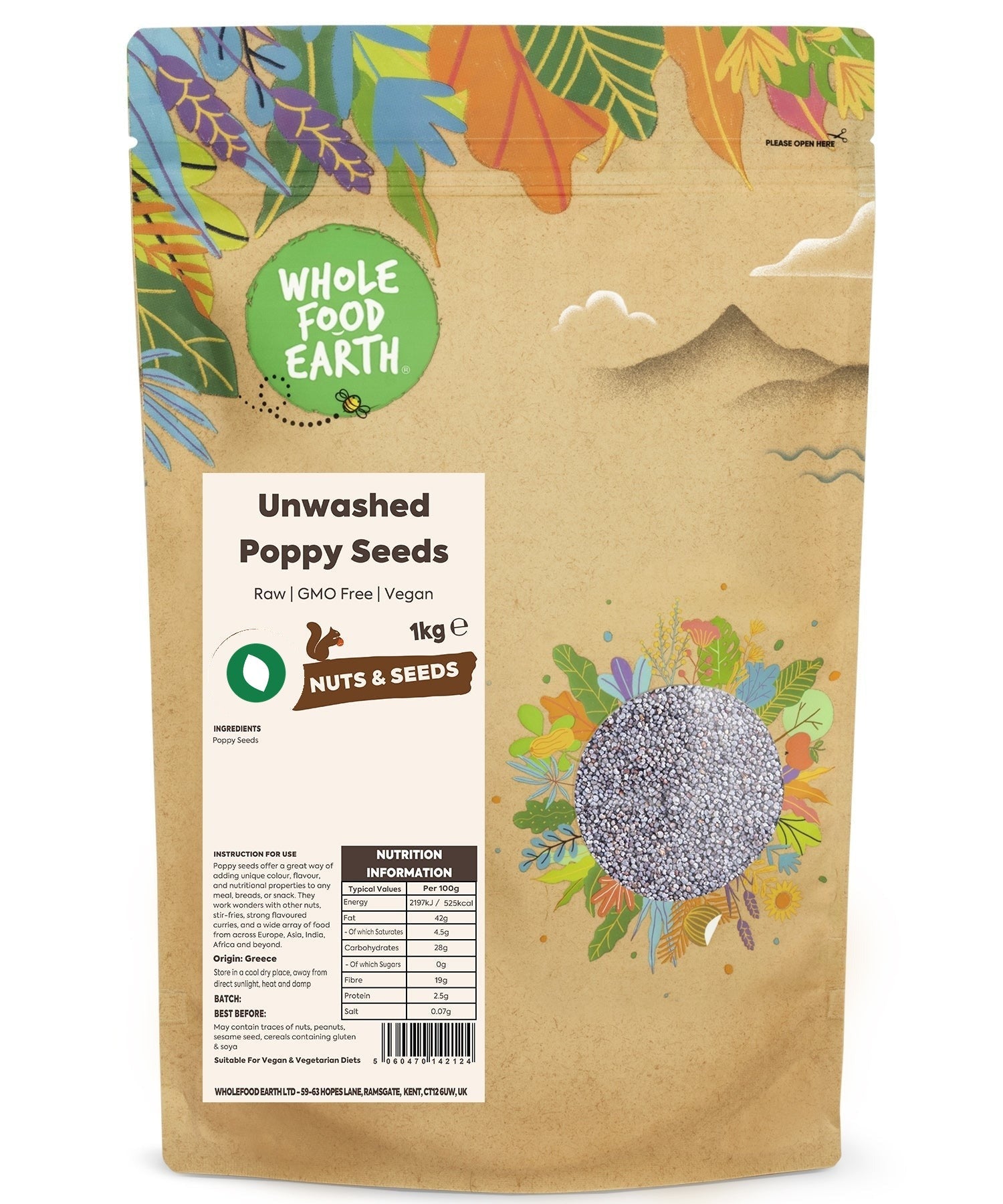 Raw unwashed poppy seeds from Whole Food Earth, natural GMO-free seeds for baking and cooking, shown in a close-up image.
