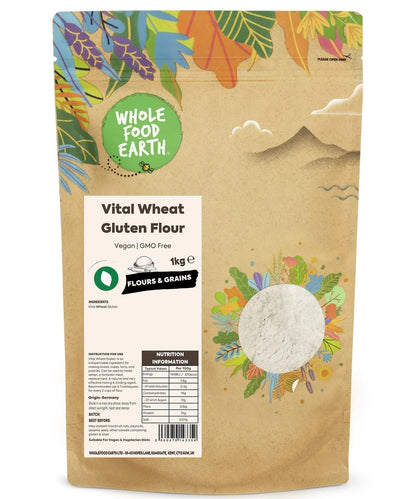 Whole Food Earth Vital Wheat Gluten Flour, vegan and GMO-free, shown in a bag for baking and high-protein cooking.