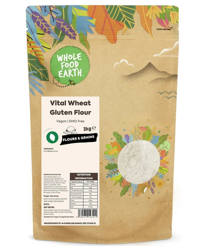 Vital Wheat Gluten Flour from Whole Food Earth, vegan and non-GMO, in a bag of flours and grains for baking and cooking.
