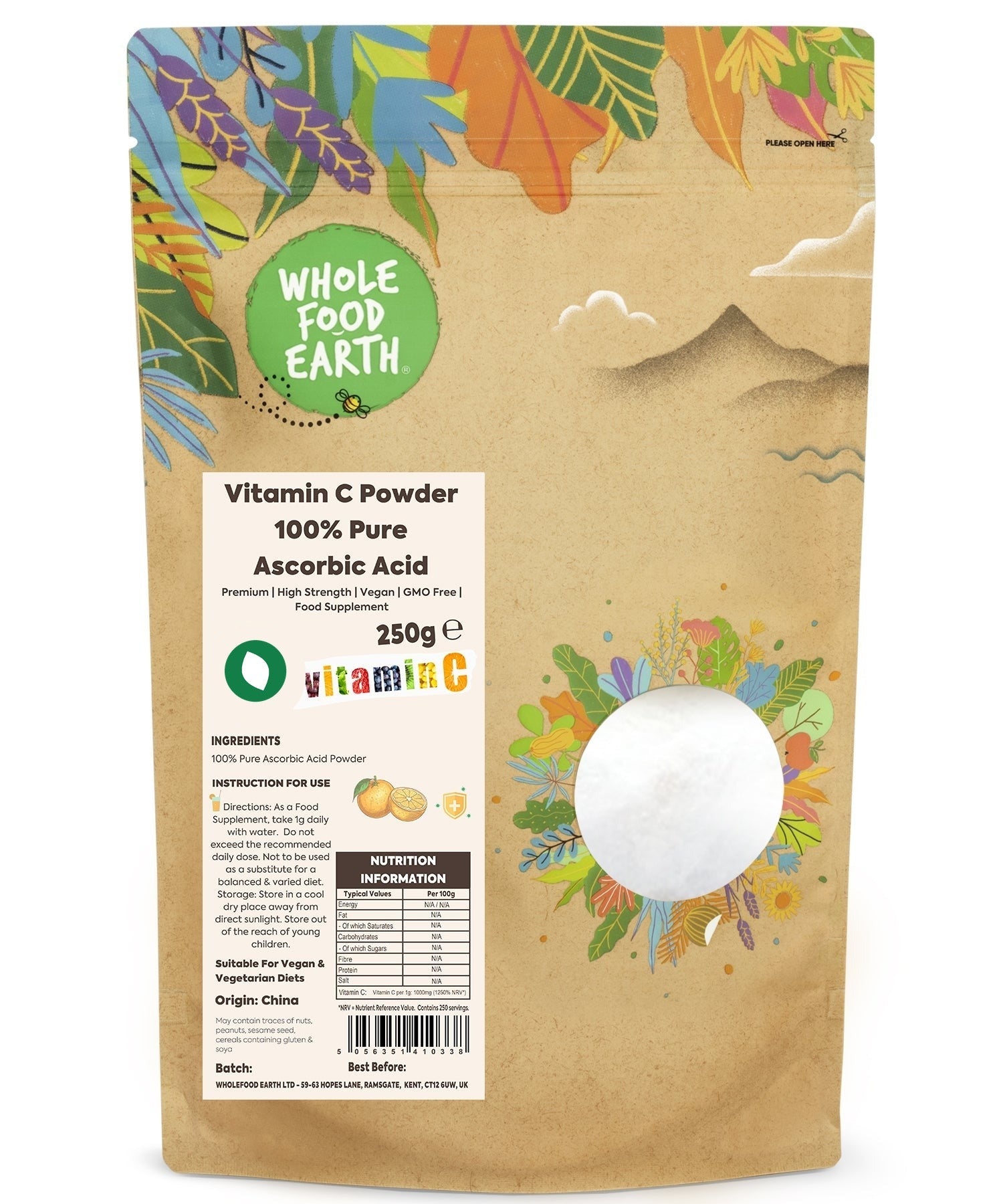 Whole Food Earth Vitamin C Powder, 100% pure ascorbic acid in a clear jar with a label, showing the white powder inside.