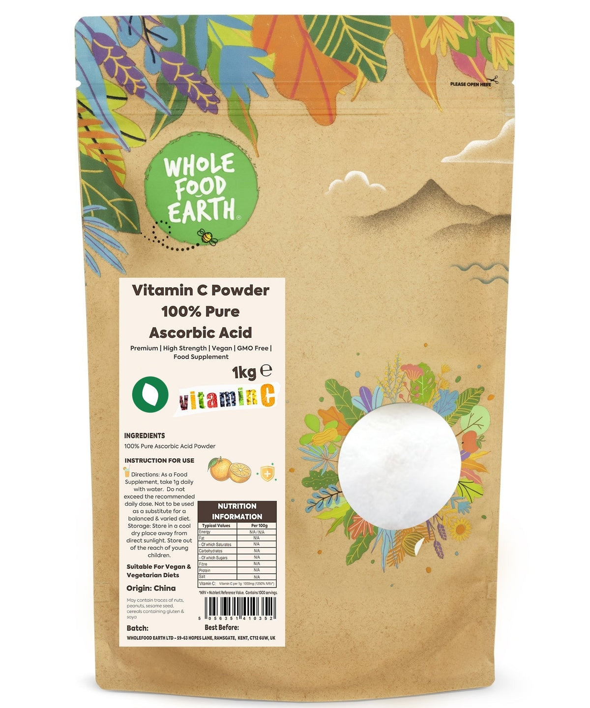 Whole Food Earth Vitamin C Powder in a clear jar, showing bright orange powder labeled as 100% pure ascorbic acid for immune support.
