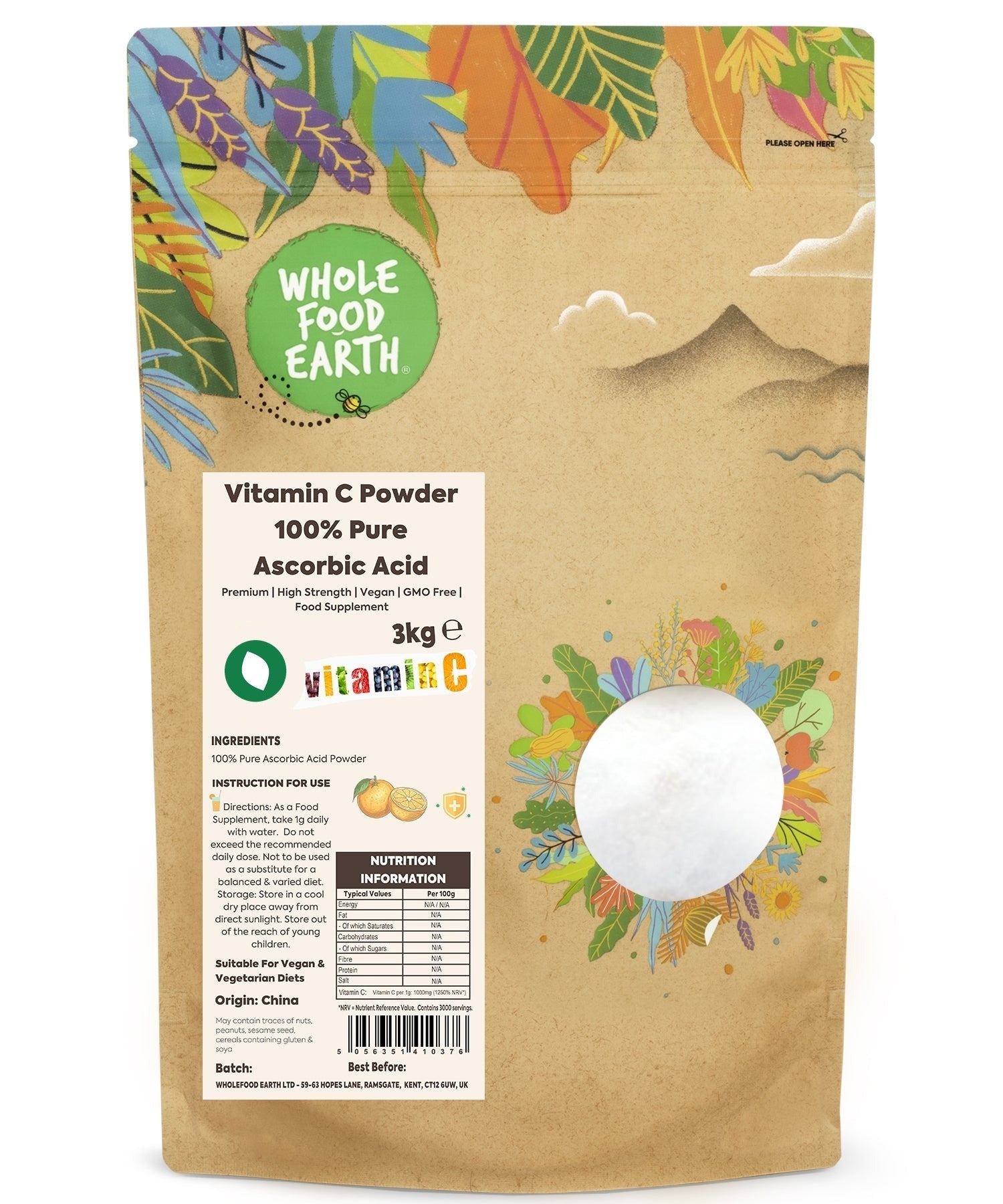 Whole Food Earth Vitamin C Powder, 100% pure ascorbic acid, fine white powder in a clear jar for immune support and health.