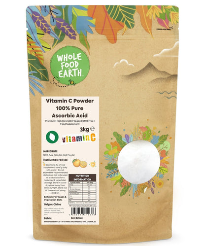 Whole Food Earth Vitamin C Powder, 100% pure ascorbic acid, fine white powder in a clear jar for immune support and health.