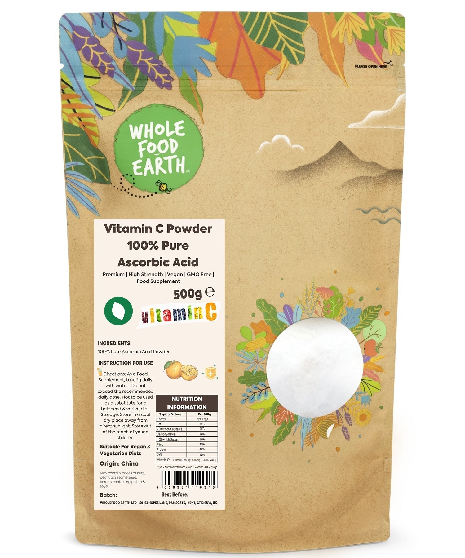 Whole Food Earth Vitamin C Powder, 100% pure ascorbic acid, in a resealable container with a white label and powder inside.