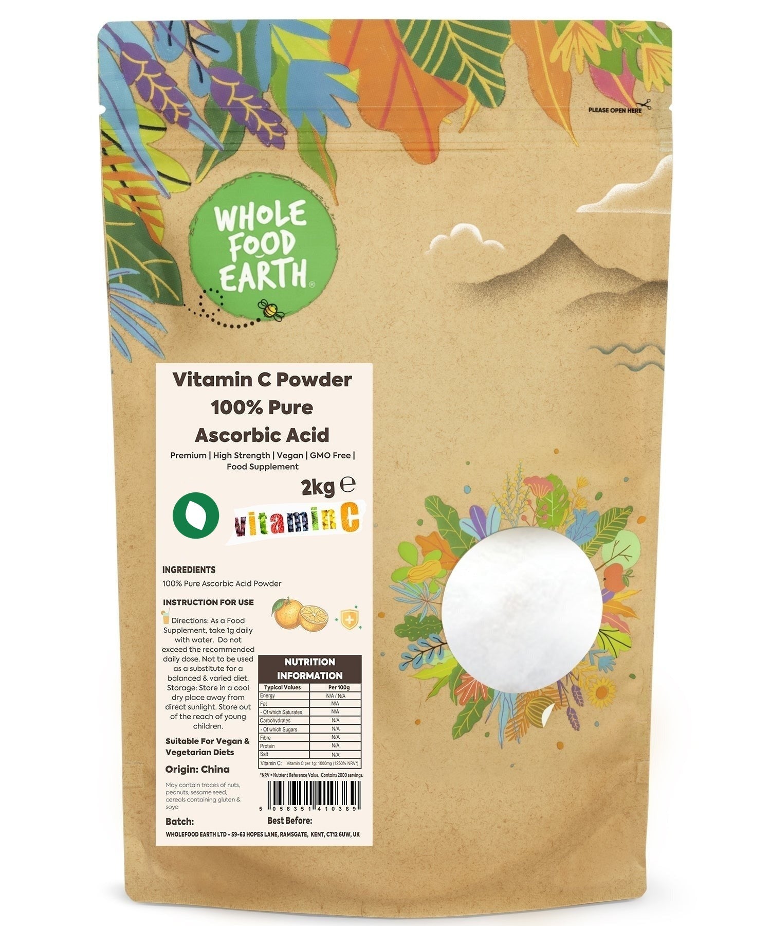 Powdered Vitamin C by Whole Food Earth, 100% pure ascorbic acid in a resealable bag for health and wellness use.
