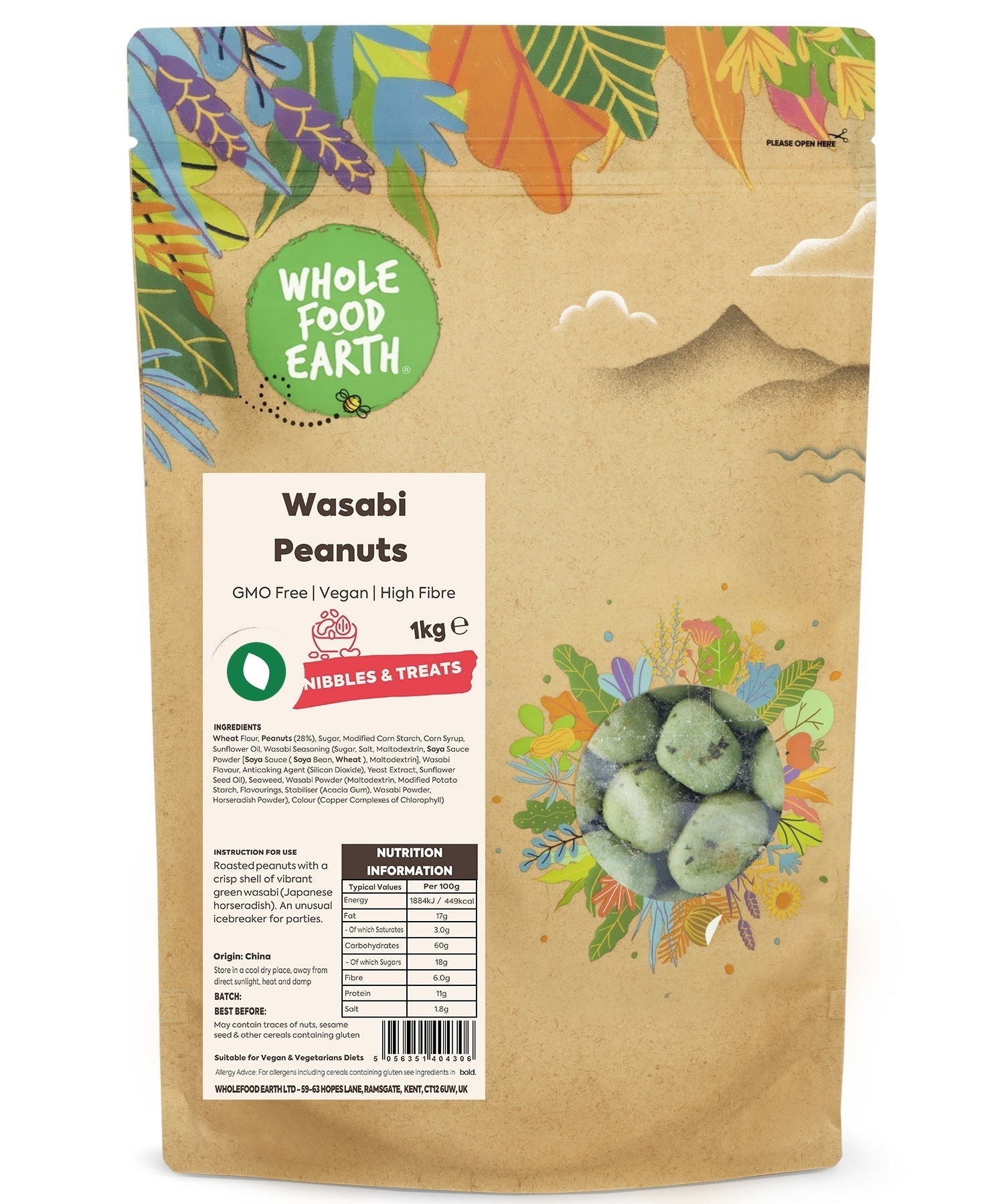 GMO-free vegan Wasabi Peanuts by Whole Food Earth, specialty snack with spicy wasabi flavor in a close-up shot