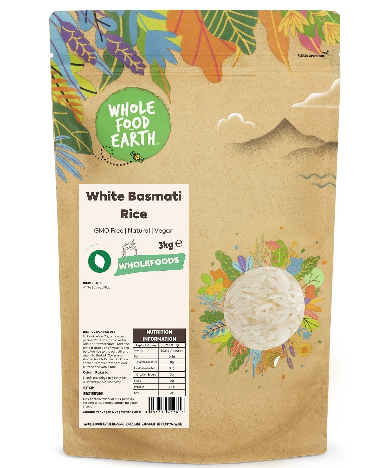 White Basmati rice from Whole Food Earth, GMO-free, long-grain rice suitable for cooking and serving.