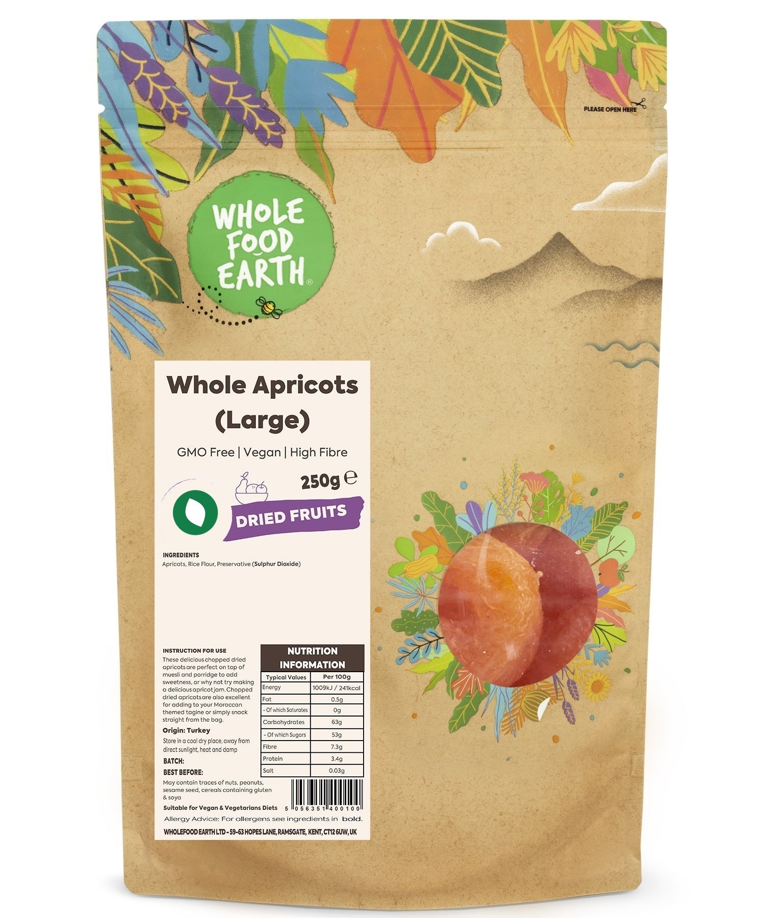 Large dried apricots from Whole Food Earth, GMO-free dried fruits with vibrant orange color, ready for snacking or recipes.