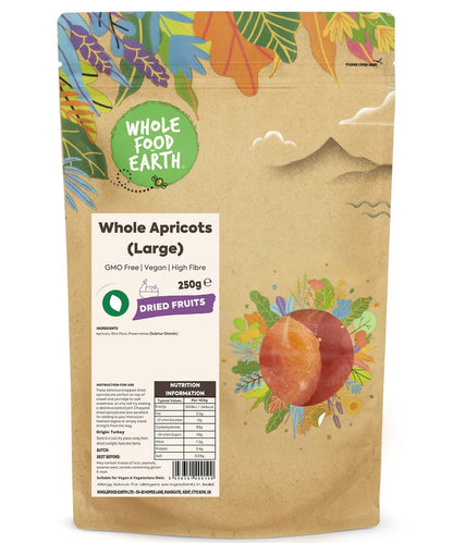 Large dried apricots from Whole Food Earth, GMO-free dried fruits with vibrant orange color, ready for snacking or recipes.
