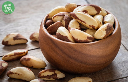 Whole Food Earth whole Brazil nuts, GMO-free, natural, vegan, dairy-free nuts and seeds in their shells.