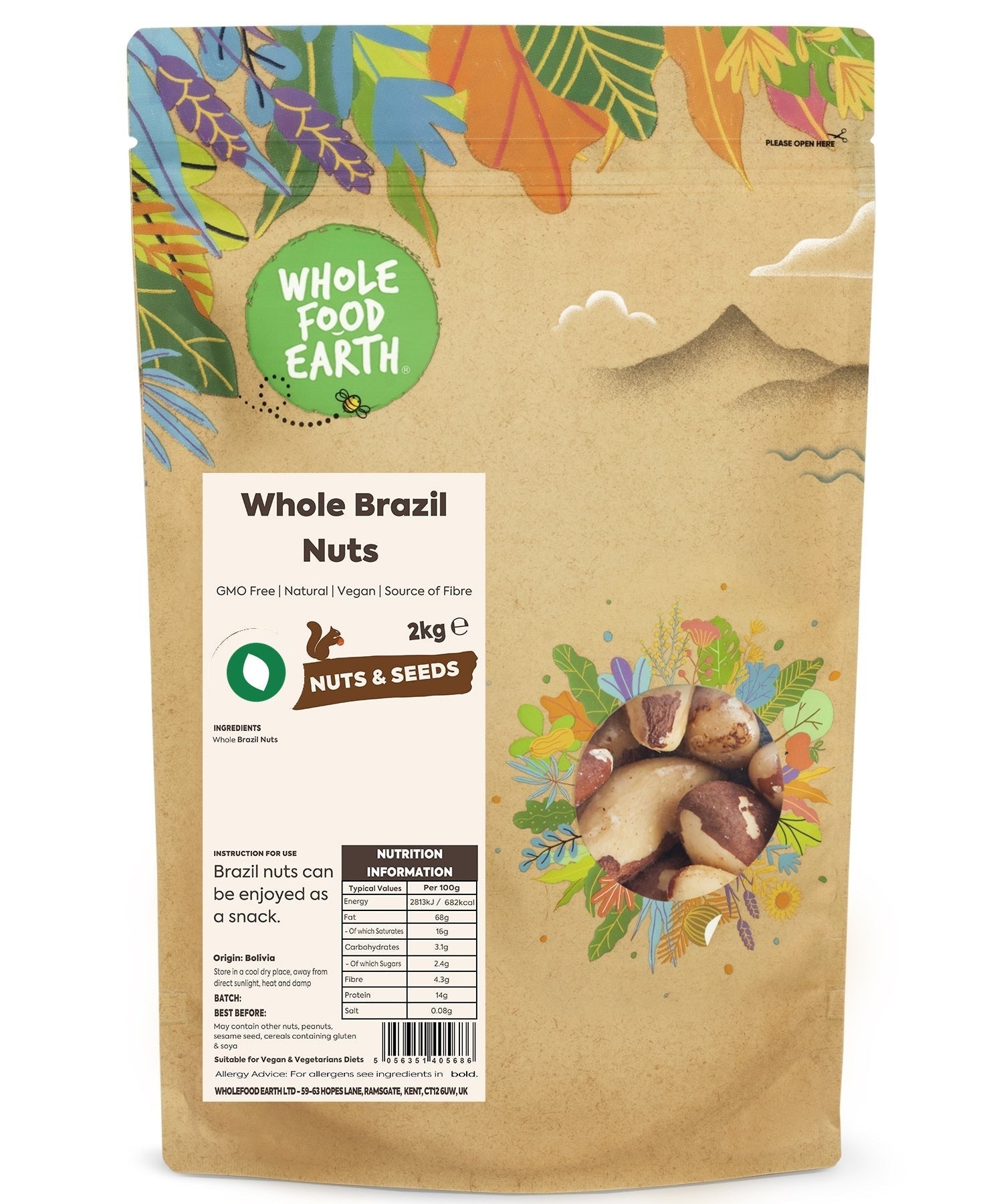 Whole Food Earth whole Brazil nuts, GMO-free and natural, shown in a close-up image highlighting their large, irregular shape and brown shells.