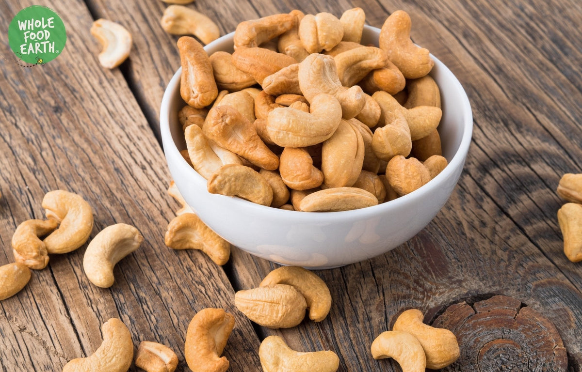 Whole Food Earth GMO-free whole cashew nuts, natural, vegan, dairy-free, no added sugar, premium nuts and seeds.