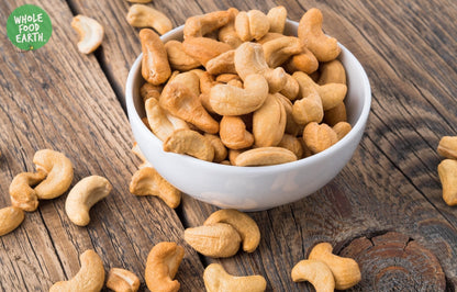 Whole Food Earth GMO-free whole cashew nuts, natural, vegan, dairy-free, no added sugar, premium nuts and seeds.