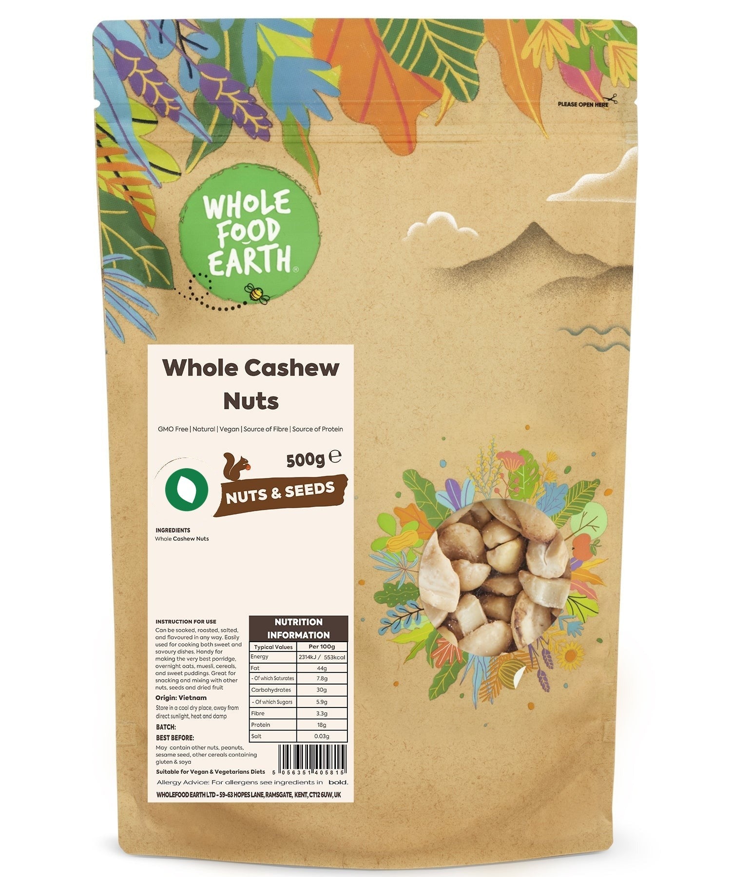 Whole Food Earth whole cashew nuts, GMO-free and natural, displayed in a bowl on a white background.