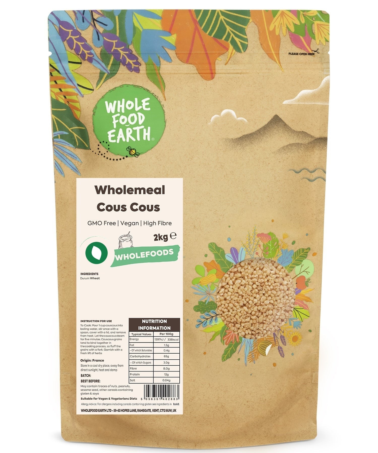 Whole Food Earth wholemeal couscous in a bowl, showcasing its light, fluffy texture and natural wholegrain appearance.