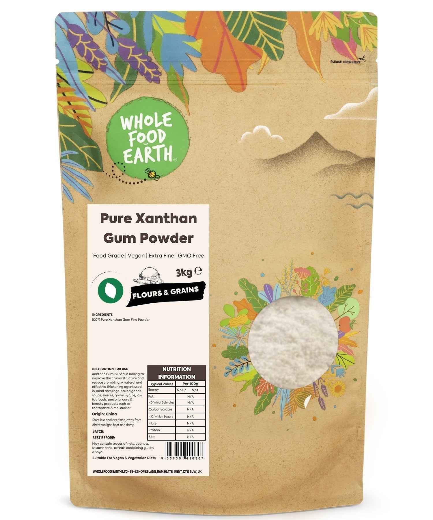 Food-grade vegan xanthan gum by Whole Food Earth, specialty thickening agent in a clear container with a white scoop.