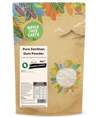 Food-grade vegan xanthan gum by Whole Food Earth, specialty thickening agent in a clear container with a white scoop.