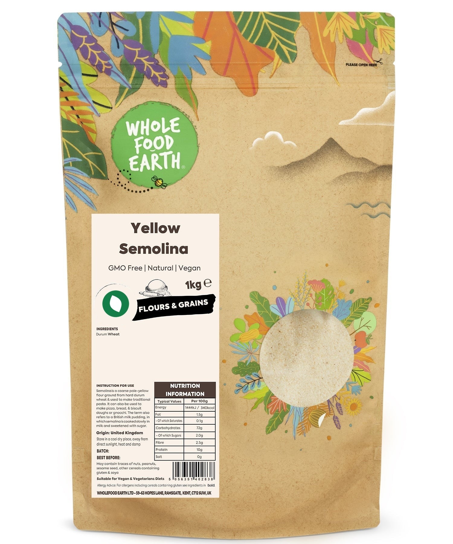 Yellow semolina flour from Whole Food Earth, GMO-free and vegan, shown in a close-up image with fine, yellow grains.