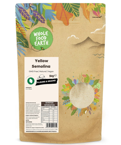 Yellow semolina flour from Whole Food Earth, GMO-free and vegan, showing a close-up of the coarse yellow grains in a bowl.