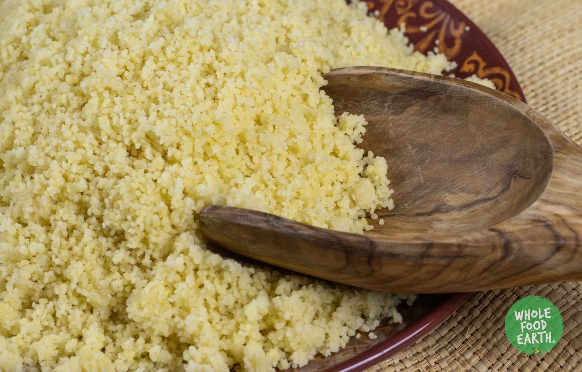 Yellow semolina flour from Whole Food Earth, GMO-free, vegan, dairy-free, with no added sugar, in a clear bag.