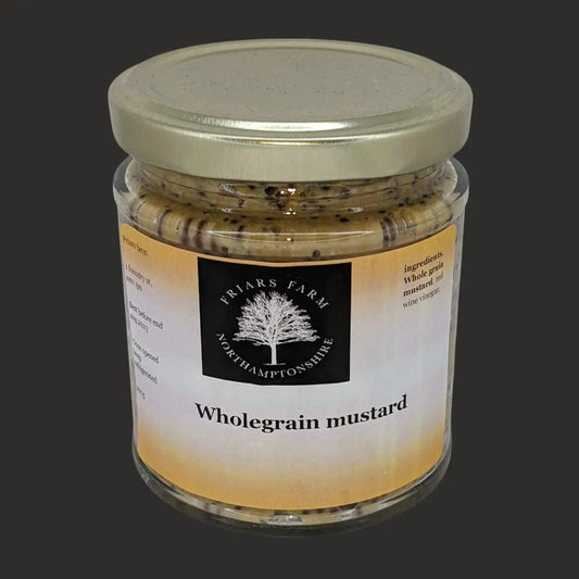 Jar of Friars Farm Wholegrain Mustard in a glass jar with a spoon, showing the textured mustard inside.