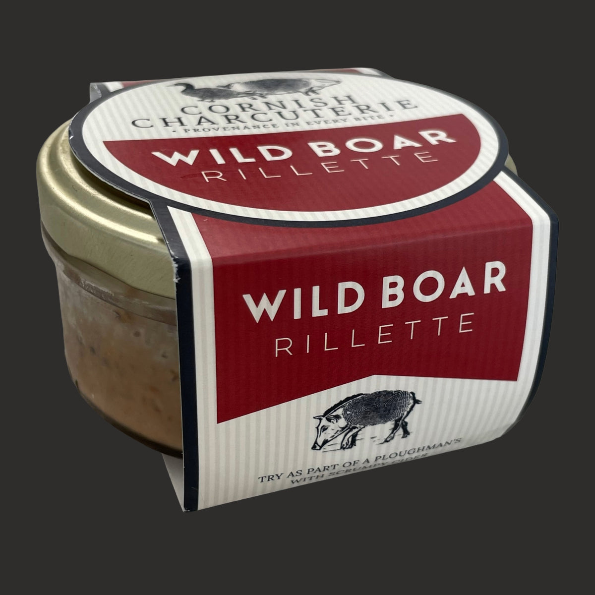 Wild boar rillette from Cornish Charcuterie in a 125g jar, showcasing the artisanal spread with rustic presentation.