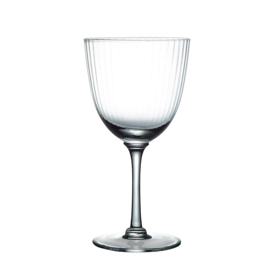 Crystal wine glasses with a ripple design, featuring elegant craftsmanship by The Vintage List.