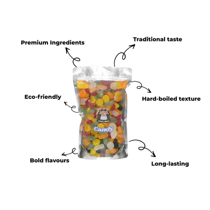 Resealable bag of Cool Hog Snacks traditional wine gums candy, showing colorful wine gum pieces inside the 1kg package.