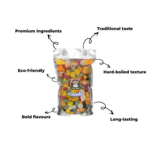 Resealable bag of Cool Hog Snacks traditional wine gums candy, showing colorful wine gum pieces inside the 1kg package.