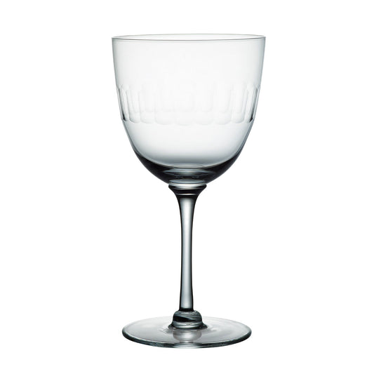 Large crystal wine glass with lens design, elegant stemware by The Vintage List, featuring a unique decorative pattern.