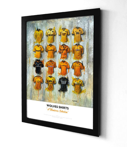Limited edition signed print of Wolves FC shirts artwork by Terry Kneeshaw, featuring detailed Wolves football imagery.