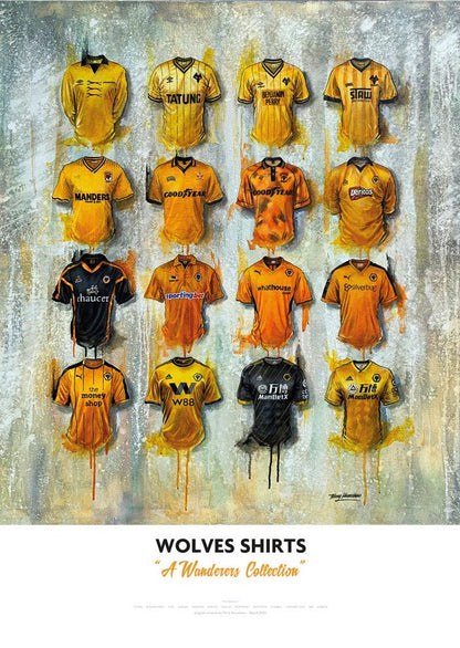 Limited edition signed print of Wolves FC shirts artwork by Terry Kneeshaw Art, featuring detailed Wolves football shirt design.