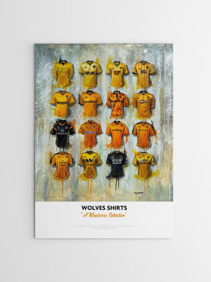 Limited edition signed print of Wolves FC shirts artwork by Terry Kneeshaw Art, featuring detailed Wolves football shirt designs.