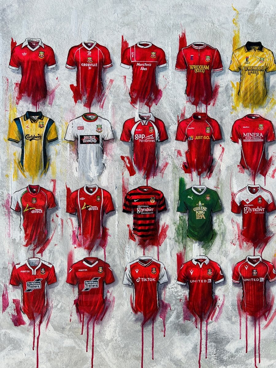 Limited edition Wrexham A2 print by Terry Kneeshaw featuring Red Dragons shirt art, signed and framed for display.