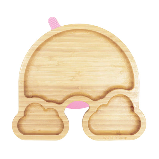 Baby bamboo weaning plate set from Wild And Stone with colorful rainbow design, featuring divided sections for easy feeding.