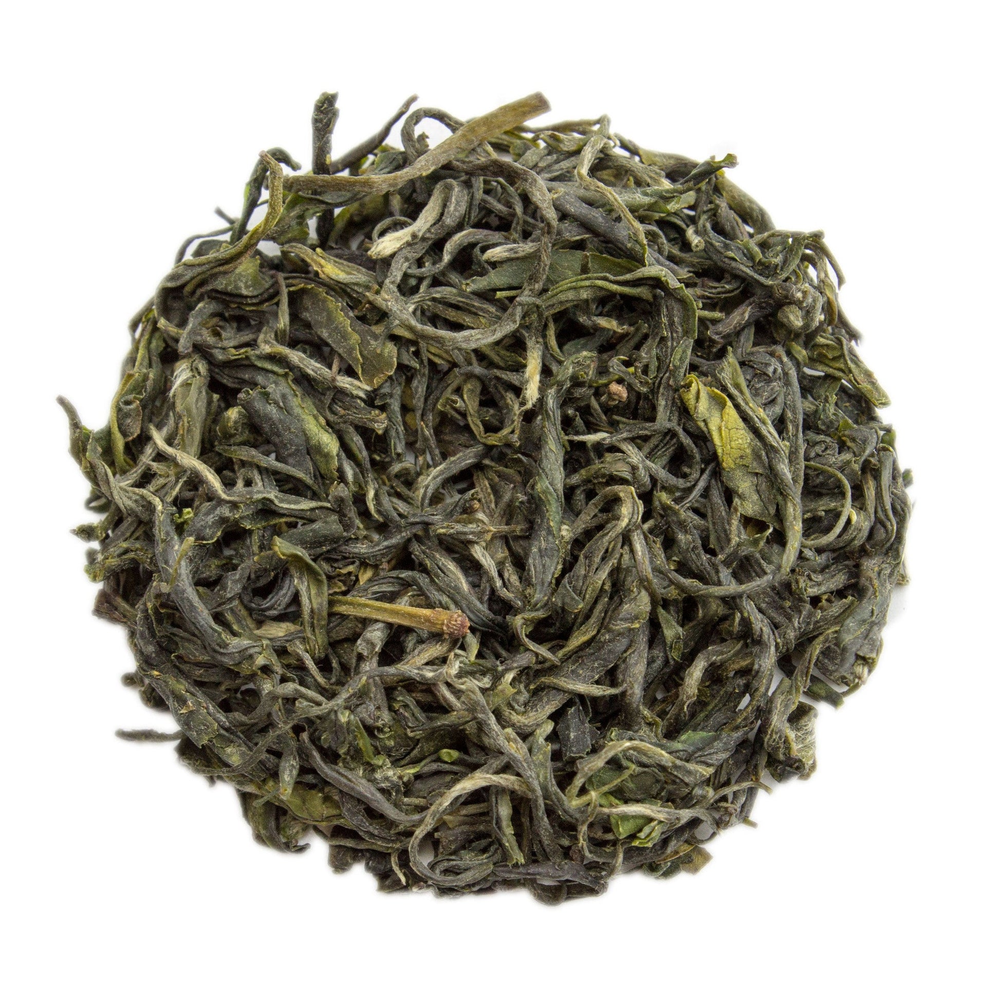 PekoeTea Edinburgh Xin Yang Mao Jian green tea leaves with jade-green tips, fresh and whole, in a clear tea container.