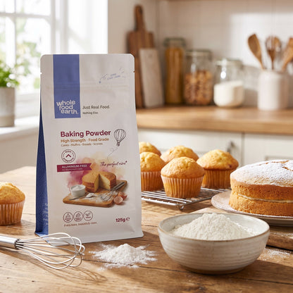 Whole Food Earth high strength baking powder mineral salt in a bowl, highlighting natural mineral composition for baking use.