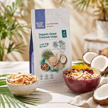 Organic dried coconut chips by Whole Food Earth, showing crispy, naturally dried coconut slices in a natural setting.