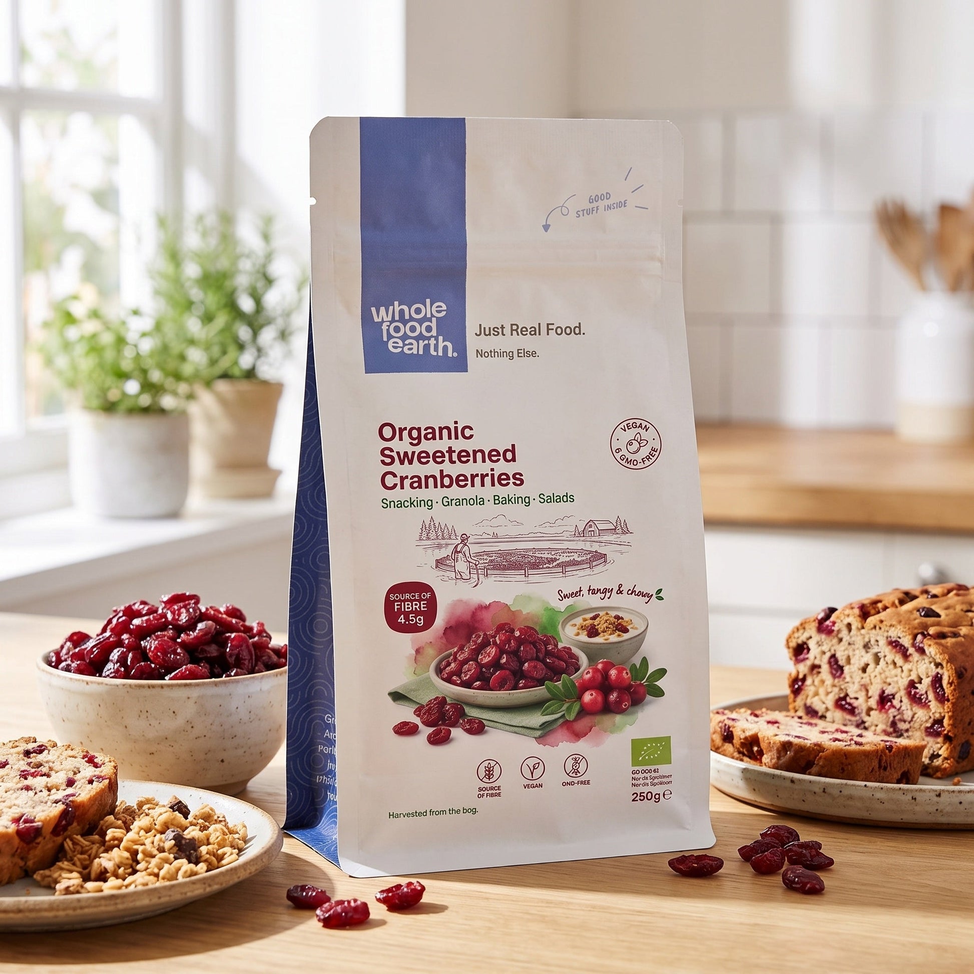 Dried cranberries slices and whole cranberries from Whole Food Earth, showcasing vibrant red dried fruits on a rustic background.