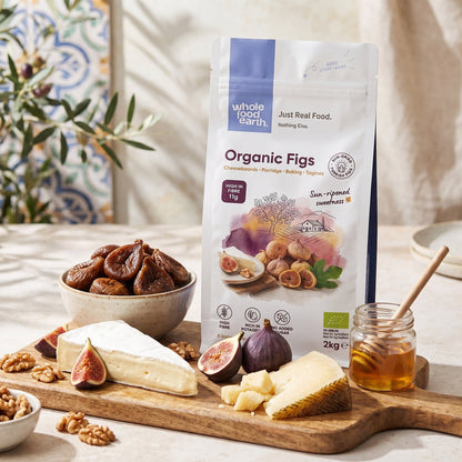 Dried organic figs from Whole Food Earth arranged in a bowl, showcasing their rich color and natural texture.